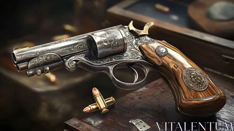 Engraved revolver with wood grip on wooden tabletop.