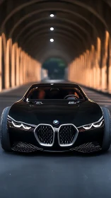 Low-slung BMW concept coupé under illuminated arched tunnel