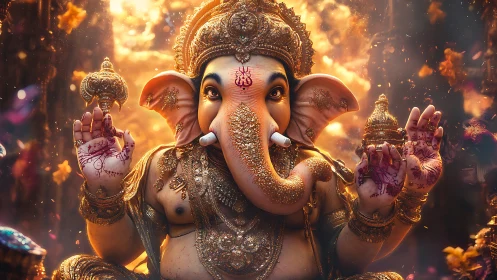 Radiant Ganesha surrounded by golden light and blessings.