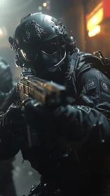 Tactical operator advances with rifle in neon urban night