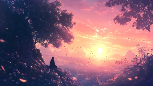 Quiet hilltop daydream under a cotton candy sunset sky.