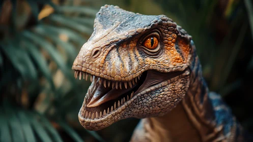 Jungle raptor grins wide, every razor-bright tooth on display