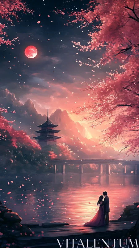 Couple embraces beside moonlit lake under pink blossoms