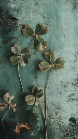 Dried clover leaves rest on distressed teal painted surface