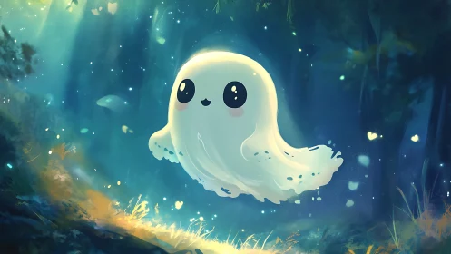 Gentle forest spirit drifting through a moonlit dreamscape.