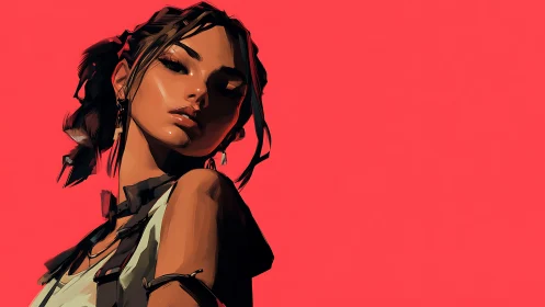 Strong female portrait rendered against vivid coral background