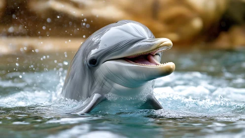 Photorealistic bottlenose dolphin surfacing amid dynamic splashes