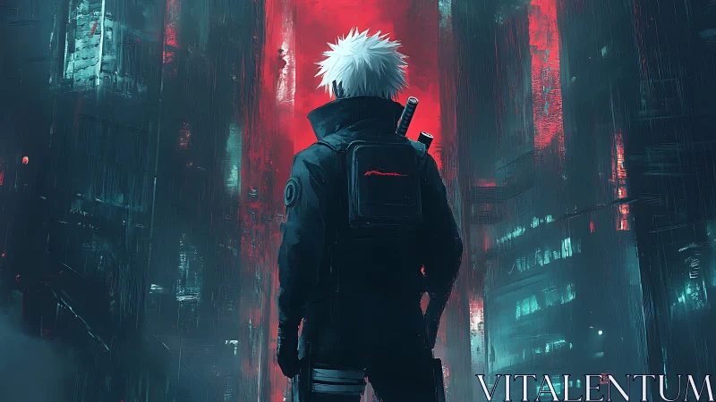 Cyberpunk swordsman in neon-drenched dystopian corridor.