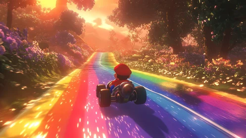 Kart racer speeding down luminous rainbow woodland road.