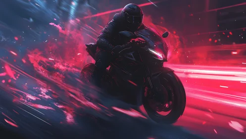 Neon storm rider leans into night, carving scarlet velocity