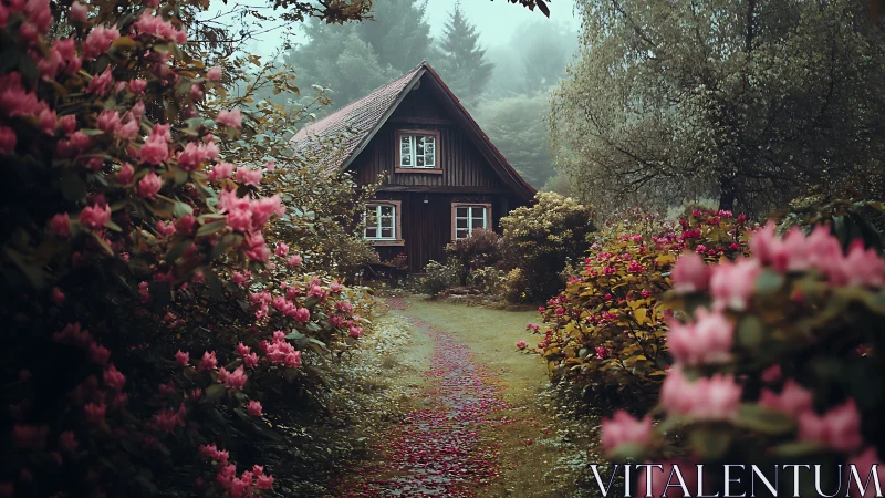 Foggy forest cottage framed by blooming pink rhododendrons.