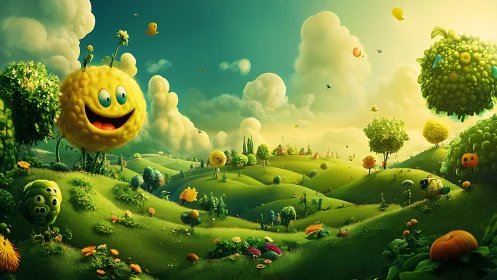 Surreal cartoon landscape with spherical plant characters.