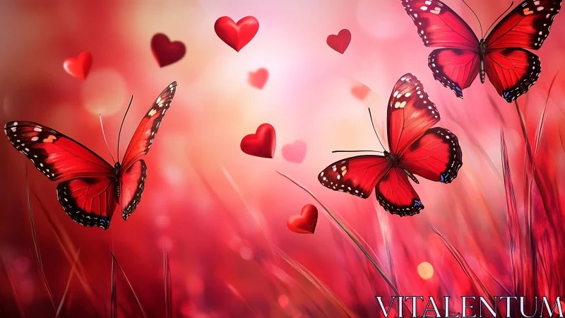 Scarlet lovewing butterflies drifting through heart-bright air.