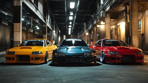 Modified sports cars lined in dramatic urban night scene.