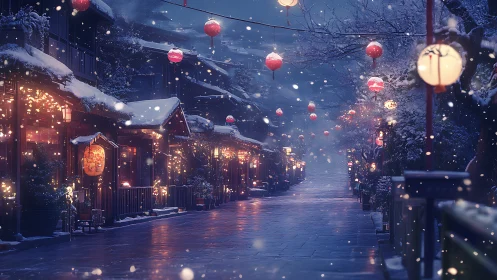 Snowlit lantern street with warm bokeh and winter haze.