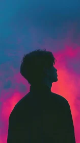 Silhouetted male profile against neon magenta cyan gradient sky.