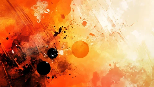 Vibrant abstract art with orange and black splashes and circles.
