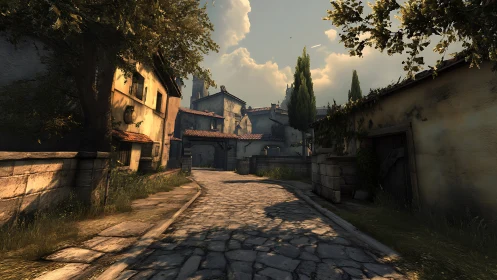 Sunlit cobblestone lane winding through a sleepy village.