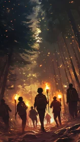 Group of torch-bearing hikers moving through dense forest.