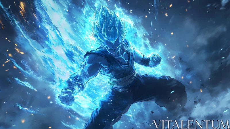 Blue energy-charged anime warrior in explosive power surge