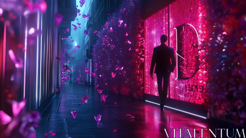 Man walking past neon pink storefront in glowing alley.