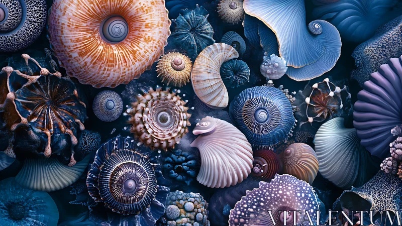 Intricate spiral marine forms in cool blue abstract field.