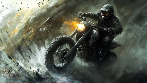 Motorcycle rider carves through explosive storm spray in motion