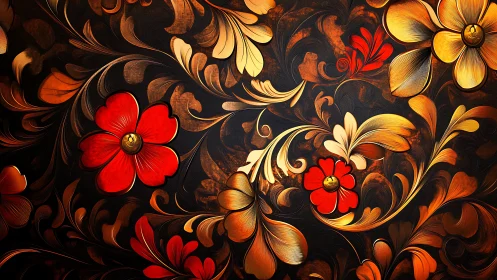 Ornate red and gold floral scrollwork on dark canvas.