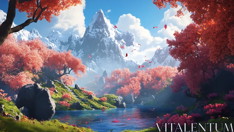 Radiant valley lake beneath towering snowcapped peaks.