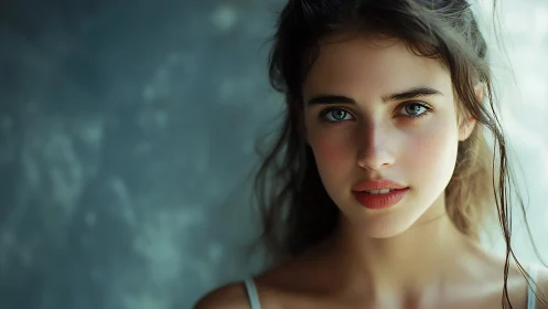 Soft-lit close portrait of young woman against blurred teal wall