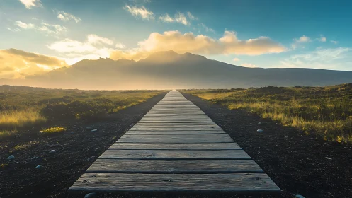 Straight wooden boardwalk leading to distant mountains.