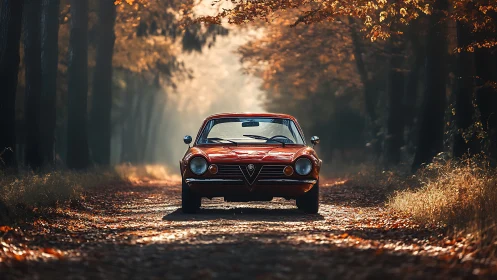 Classic red coupe glows along a quiet autumn forest road.