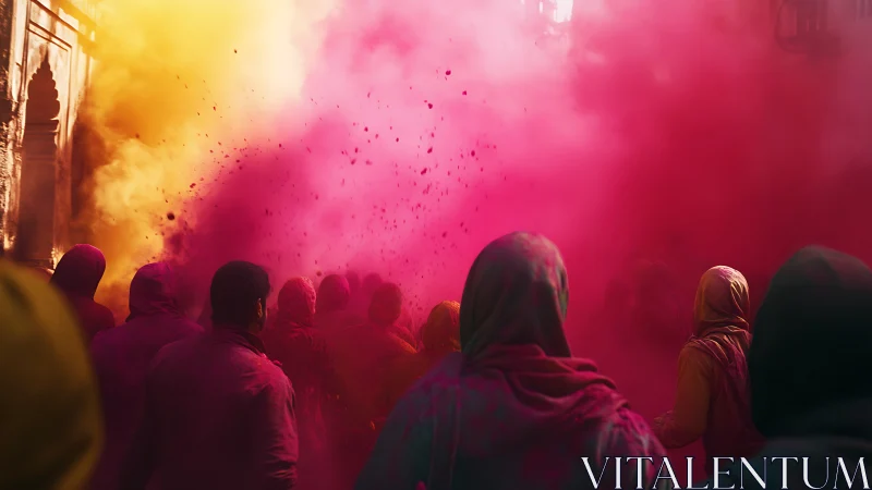 Crowd walks through vivid color clouds in festive street
