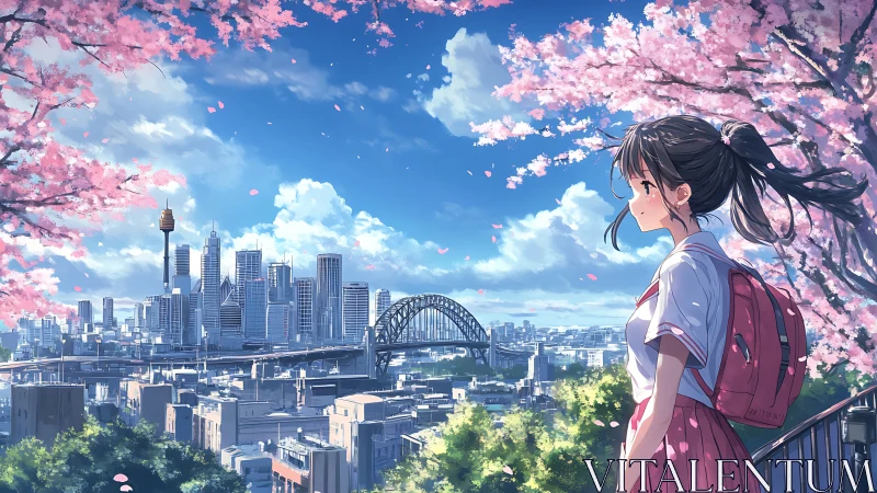 Anime schoolgirl overlooking springtime city skyline vista