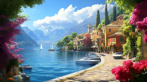 Lakeside Italian village glows under bright alpine sunshine.