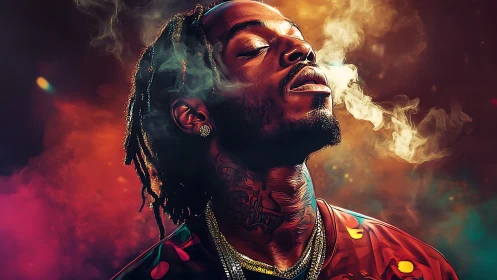 Digital portrait of smoking man in neon vapor haze glow.