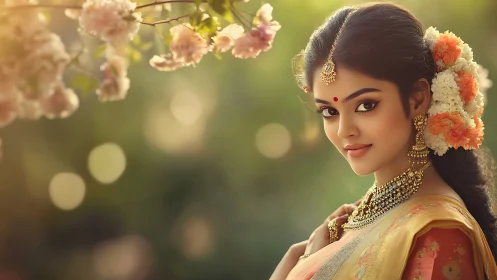 Digital portrait of woman in floral Indian attire outdoors.