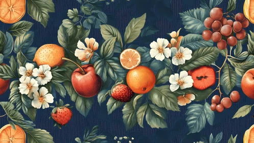Botanical fruit pattern with oranges, apples, berries on navy background