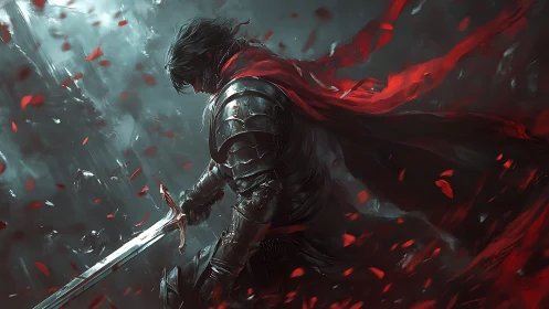 Dark knight with crimson cloak pauses amid swirling embers