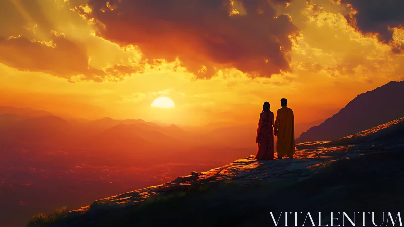 Monks in saffron robes observe radiant mountain sunset panorama.