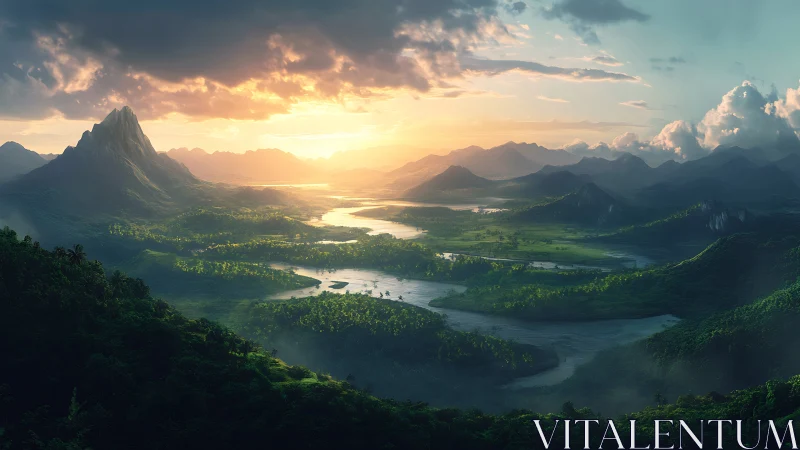 Sunlit river valley winds through lush mountains at dawn