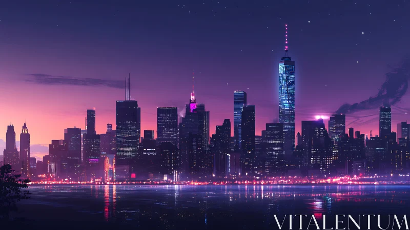 Neon horizon cityline bathing in violet twilight hush.