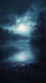 Moonlit river landscape displays mist, silhouettes and reflection