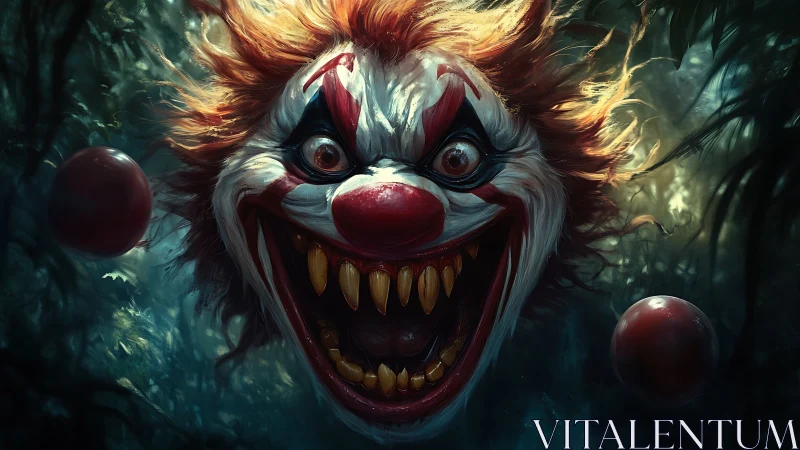 Grotesque clown head with sharp teeth floats in dark forest