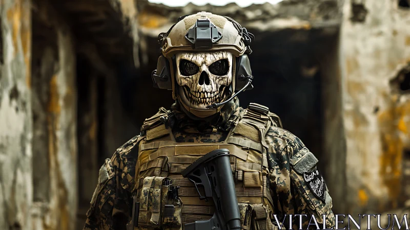 Armored soldier in skull mask stands amid urban ruins.