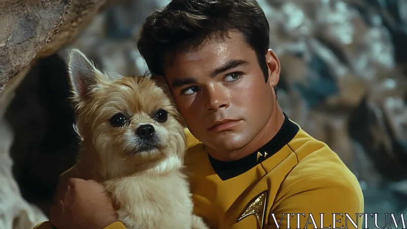 Starfleet youth in yellow uniform holding loyal dog companion.