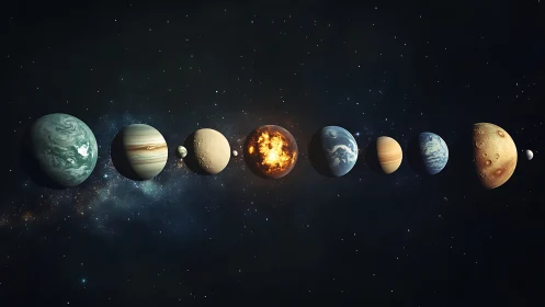 Stylized planetary lineup against deep star field background.