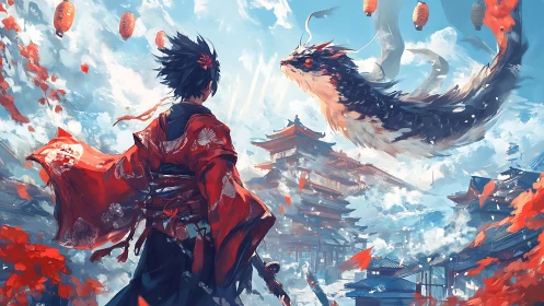 Samurai in dynamic red kimono confronts aerial dragon above temple