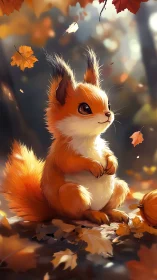 Cute orange squirrel in soft autumn forest light scene.