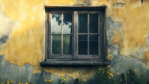 Weathered wooden casement window in distressed yellow plaster wall